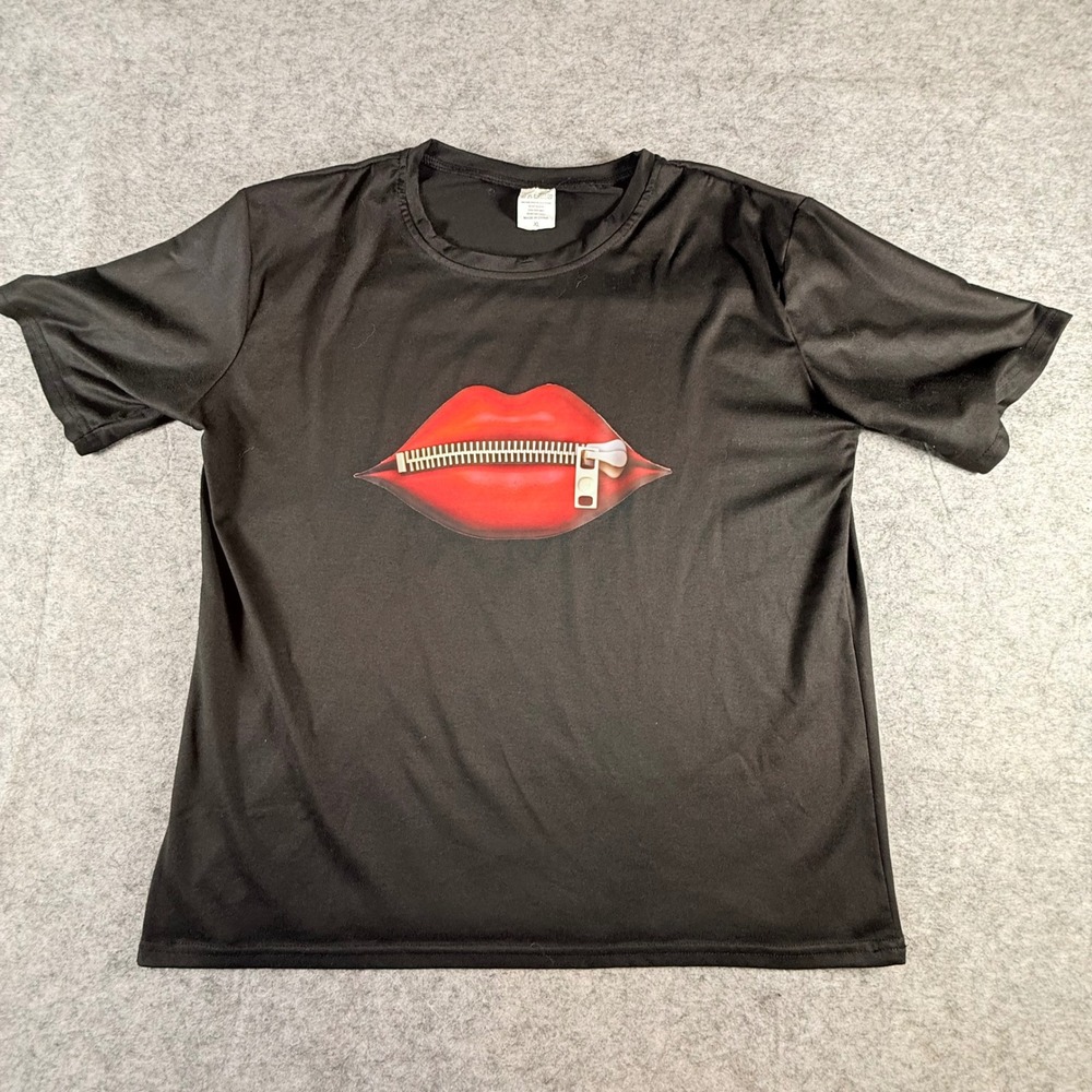 Lips Zipper Graphic T-Shirt Black Novelty Top XL Trendy Statement